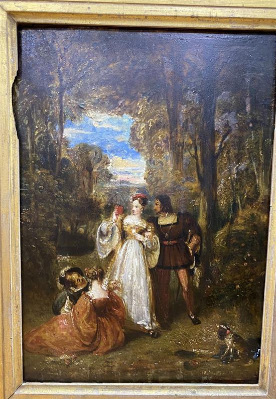 19th century English School, oil on wooden panel, Medieval figures in woodland, 33 x 23cm